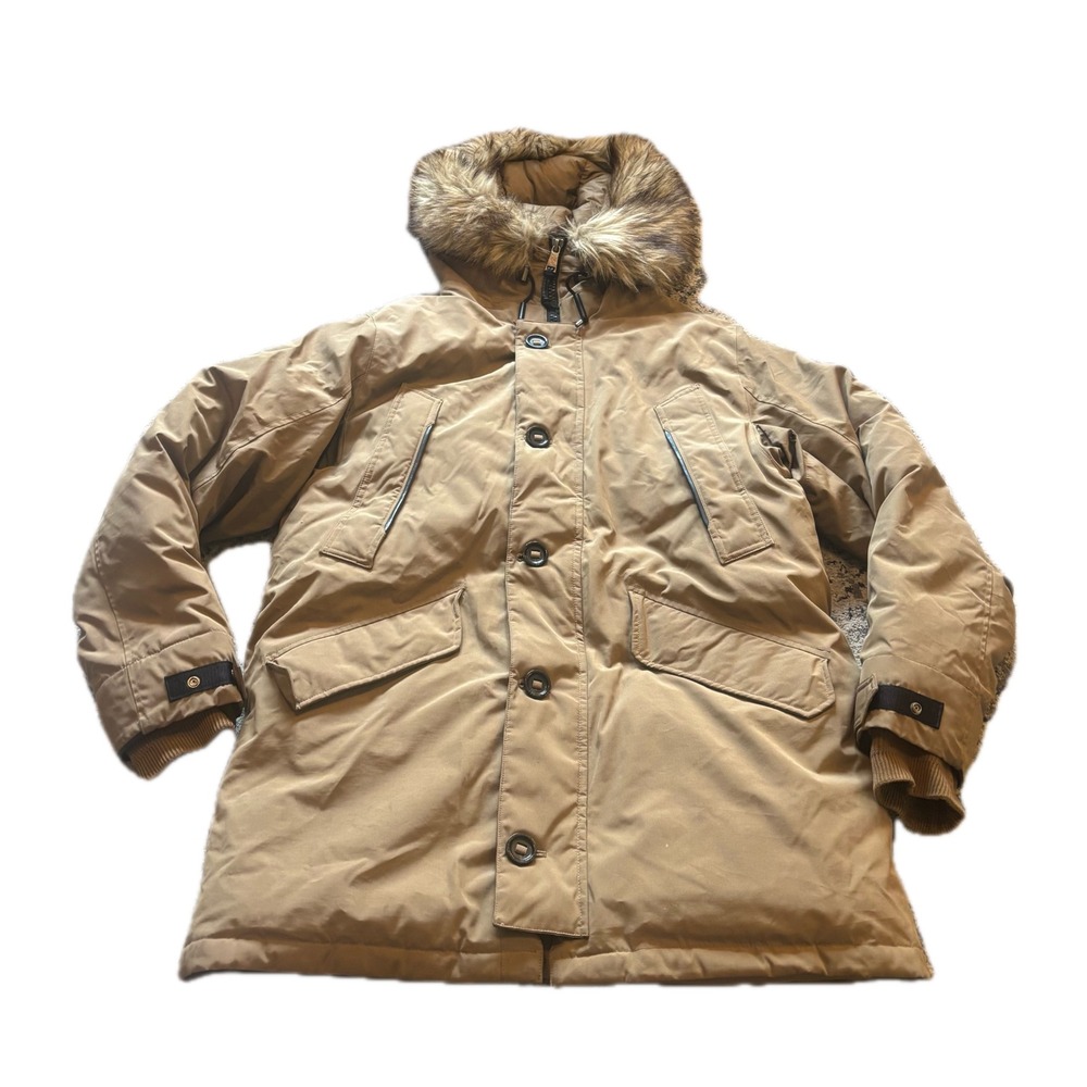 Polo Ralph Lauren Mens Down Parka Faux Fur Hood Tan Khaki Winter Coat Large